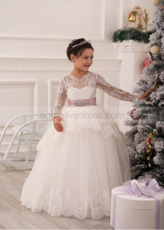 Ivory Lace Tulle Long Sleeves Keyhole Back Flower Girl Dress